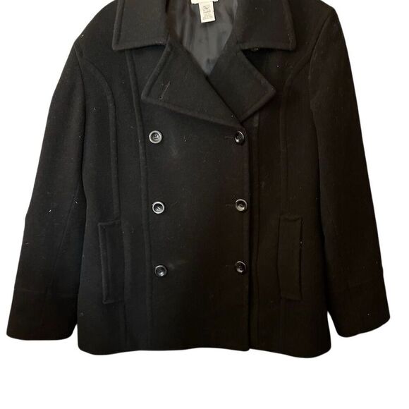 St. John's Bay Women's Pea Coat Size 12P Black Double-Breasted Mid-Length - Picture 1 of 10